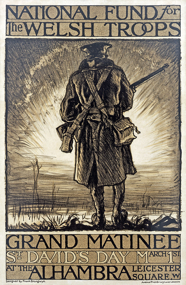 Charcoal drawing of a lone soldier from behind, titled "National Fund for Welsh Troops", also stating "Grand Matinee / St. David's Day March 1st / at the Alhambra Leicester Sq. W".