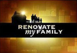 A logo for the American television series Renovate My Family, featuring white letters on a black stripe overtop an orange backdrop; a silhouette of a house and family five are placed above the black stripe