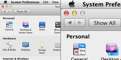 The macOS 10.8.5 System Preferences dialog, non-scaled UI (left) and scaled HighDPI UI (right) OSX ResIndependance Comparison.png