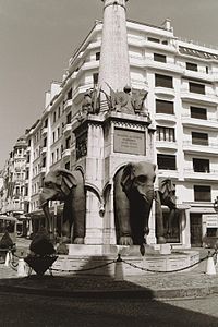 The most famous landmark in Chambéry: the Elephants fountain. Black and white photograph of the elephants.
