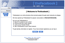 Original layout and name of Thefacebook in 2004, showing Al Pacino's face superimposed with binary numbers as Facebook's original logo, designed by co-founder Andrew McCollum Thefacebook.png