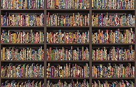 Many colorful books on shelves