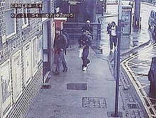 The four bombers captured on CCTV at Luton station at 7:21 a.m. on 7 July 2005. From left to right: Hasib Hussain, Germaine Lindsay, Mohammad Sidique Khan, and Shehzad Tanweer. July 7, 2005 London bombings CCTV.JPG