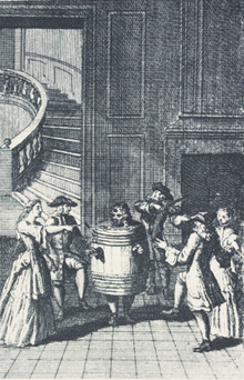Refinement meets burlesque in Restoration comedy. In this scene from George Etherege's Love in a Tub, musicians and well-bred ladies surround a man who is wearing a tub because he has lost his trousers. Love in a Tub.png