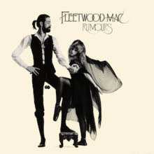 Mostly cream album cover with black-and-white image of tall, bearded gentleman holding the hand of blonde, cape-wearing woman. In the top right-hand corner, it is captioned "FLEETWOOD MAC" and "RUMOURS" below it.