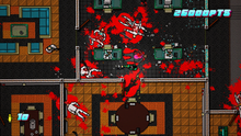 Presented from a top-down angle, a woman wearing a zebra mask shoots a pistol at members of the Russian mafia, dressed up in white suits. Their blood covers the floor and their corpses lie across the area. The points the player has acquired (playing as the zebra mask-wearing woman) are presented in the top-right.