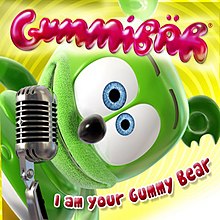 The group's mascot is an animated green gummy bear, seen on the cover along with their logo and signature "gummy"-esque typeface.