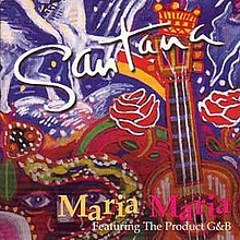 An abstract Latin painting with a blue background and a red-orange foreground. Images depicted in the foreground include a guitar with a crown on its headstock, two roses, a snake, and a partially obscured face. "Santana" is scribed across the top-left and center of the image, while the text "Maria Maria" appears on the bottom-right. Below it, "Featuring The Product G&B".