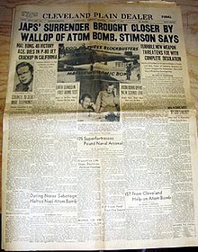 Front page of the Cleveland Plain Dealer dated August 7, 1945, featuring the atomic bombing of Hiroshima, Japan Cleveland Plain Dealer 8-07-1945.jpg