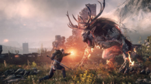 Gameplay screenshot of Geralt using the Igni sign against an enemy Witcher3Gameplay.png