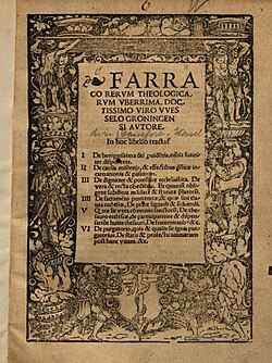 "Farrago Rervm Theologicarvm Vberrima" verko eldonita en (1522) far Johann Wessel Harmensz Gansfort.