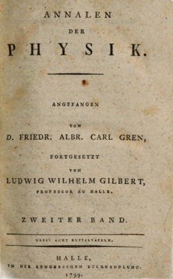 Analoj de fiziko komencita fare de Friedrich Albrecht Karl Gren (1760-1768) kaj daŭrigita fare de Ludwig Wilhelm Gilbert, verko eldonita en 1799.