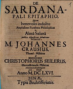 "De Sardanapali Epitaphio" verko de Johannes Crause kaj Christoph Seiler eldonita en 1666.