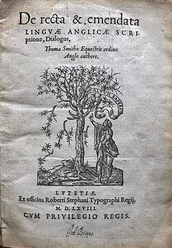 "De recta & emendata linguæ Anglicæ scriptione", verko de Thomas Smiith, eldonita en (1568), en Lvtetiæ far Robertus Stephanorum Secundus.