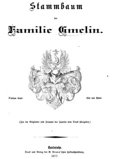 Ilustraĵo de genealogia libro pri la dinasitio Gmelin verkita de Moriz Gmelin (1839-1879).