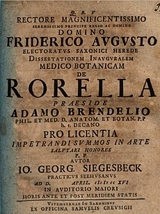 Titolpaĝo de la verko Dissertatio inauguralis medico botanicam de rorella, verko eldonita en 1716