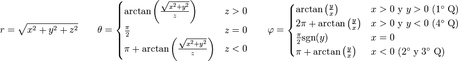  r = \sqrt{x^2 + y^2+z^2}\qquad
\theta= \begin{cases} \arctan\left(\frac{\sqrt{x^2+y^2}}{z}\right) & z>0 \\ \frac{\pi}{2} & z = 0 \\  \pi+\arctan\left(\frac{\sqrt{x^2+y^2}}{z}\right) & z<0 \end{cases} \qquad \varphi=\begin{cases} \arctan\left(\frac{y}{x}\right) & x>0\mbox{ y } y>0 \mbox{ (1° Q)}\\  2\pi+\arctan\left(\frac{y}{x}\right)&   x>0 \mbox{ y } y<0 \mbox{ (4° Q)}\\ \frac{\pi}{2}\mbox{sgn}(y) & x = 0\\ \pi+\arctan\left(\frac{y}{x}\right) & x<0 \mbox{ (2° y 3° Q)}\end{cases} 