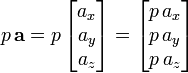 
 p \, \mathbf{a} = 
 p \, \begin{bmatrix} a_x\\ a_y\\ a_z\\\end{bmatrix} = 
\begin{bmatrix} p\,a_x\\ p\,a_y\\ p\,a_z\\\end{bmatrix}
