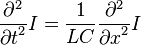 
\frac{\partial^2}{{\partial t}^2} I =
\frac{1}{LC} \frac{\partial^2}{{\partial x}^2} I
