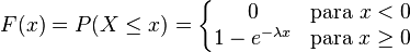 
  F(x)= P(X \le x)=\left\{\begin{matrix}
  0 & \mbox{para }x < 0 \\
  1-e^{-\lambda x} & \mbox{para }x \ge 0
  \end{matrix}\right.
