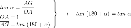 
   \left .
      \begin{array}{l}
         tan \; \alpha =\cfrac{\; \overline{AG} \;}{\overline{OA}} \\
         \overline{OA} =1 \\
         \overline{AG} = tan \; (180+\alpha)
      \end{array}
   \right \}
   \longrightarrow  \quad
   tan \; (180+\alpha) = tan \; \alpha
