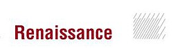 Image of Renaissance Technologies logo. Renaissance is in a red sans serif font. To the right of the name Renaissance is a rectangle with thin lines within it running from the bottom to the top of the rectangle at a 45 degree angle.