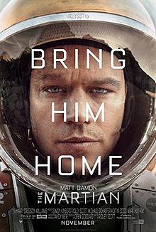 The tired and worn face of a man wearing a space suit, with the words "Bring Him Home" overlaid in white lettering. In smaller lettering the name "Matt Damon" and the title "The Martian".