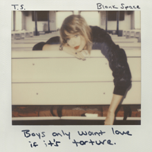 A polaroid of Swift in a black sweater leaning over a bench. Texts on the polaroid include: "T.S." on the upper left corner, "Blank Space" on the upper right corner, and the lyric "Boys only want love if it's torture" on the footer.