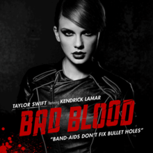 A black-and-white portrait of Taylor Swift. She is wearing a leather suit, her hair tied back, and dark eye makeup. The song's title is printed in red, capital letters. The artists' names, "Taylor Swift featuring Kendrick Lamar", and the lyric "Band-aids don't fix bullet holes" are printed in white, smaller fonts.