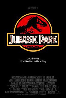 A black poster featuring a red shield with a stylized Tyrannosaurus skeleton under a plaque reading "Jurassic Park". Below is the tagline "An Adventure 65 Million Years in the Making".
