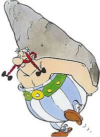 Obelix kantamassa hiidenkiveä.