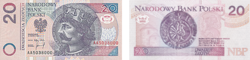 Edelleen käytössä oleva 20 złotyn seteli vuodelta 1995. Vasemmalla etupuoli jossa Bolesław I Urhea, oikealla kääntöpuoli jossa hänen valtansa aikainen hopeadinaari.