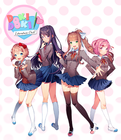 Pelin logo ja päähahmot Sayori, Yuri, Monika ja Natsuki.