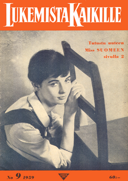 Lukemista Kaikille 9/1959. Lehdessä kuvataan kantta: ”Millie Perkins on viehättävä ja kaunis näyttelijätär, joka esittää pääosaa Foxin elokuvassa Anne Frankin päiväkirja.” Kannessa mainittu Miss Suomi 1959 on Tarja Nurmi.