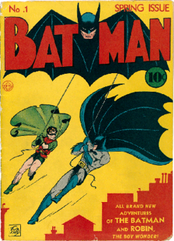 Batmanin ensimmäinen numero vuodelta 1940. Kannen piirros Bob Kane.