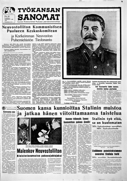 Stalinin kuolemasta kertova etusivu 7.3.1953.