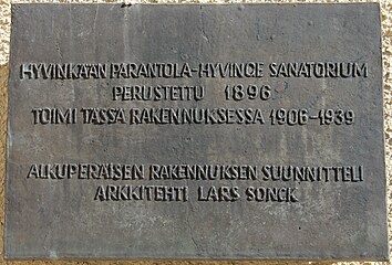Hyvinkään Parantolan muistolaatta, 1990, Hyvinkää.