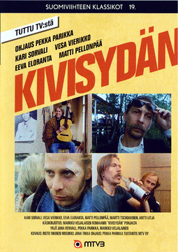 Kivisydän-DVD-julkaisun kansi. Kitara reidellä Rafa (Kari Sorvali), laastari silmäkulmassa Pena (Vesa Vierikko) ja aurinkolasit otsalla Ralliperuna (Matti Pellonpää).