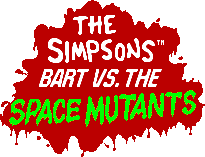 The Simpsons: Bart vs. the Space Mutants est inscrit en lettres blanches sur quatre lignes, Space Mutants es técrit en vert fluo. L'inscription est placée sur un fond représentant une tache de sang rouge.