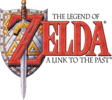 Zelda est inscrit en grosses lettres rouges. Derrière le Z, le bouclier et l'épée de Link sont représentés, cette dernière étant enlacée dans le Z. Le reste du titre est inscrit sur la droite en dessous et au-dessus du terme Zelda dans des petits caractères de couleur noire.