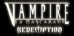Logo du jeu Vampire : La Mascarade - Rédemption. Le nom du jeu Vampire: La Mascarade – Rédemption est écrit sur trois lignes, en blanc sur un fond noir.