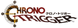 Chrono Trigger écrit ondulé sur deux lignes bordeaux et noire. C forme la moitié de cadran aux aiguilles visibles.