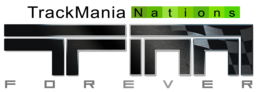 TrackMania Nations est écrit en lettres noires et vertes, ainsi que les lettres T et M noires en dessous. En dessous, est écrit Forever.