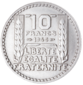 10 francs, grosse tête, rameaux courts, frappée à Paris, 1946 (revers)