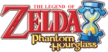 The Legend of Zelda Phantom Hourglass est écrit en couleur rouge et or, tandis qu'un sablier bleu contenant du sable est situé à côté du titre.