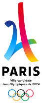 Logo de la candidature de Paris, dévoilé le 9 février 2016 à 20 h 24 par projection sur l'Arc de Triomphe. Il s'agit d'un mélange stylisé entre la Tour Eiffel et le nombre 24.