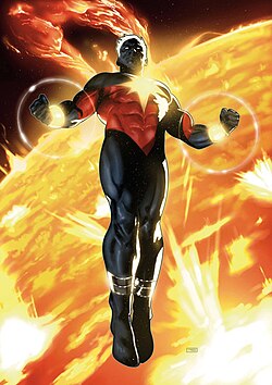 ג'ניס-וול, כפי שהופיע על עטיפה אלטרנטיבית לחוברת Genis-Vell: Captain Marvel #1 מיולי 2022, אמנות מאת טורין קלארק.