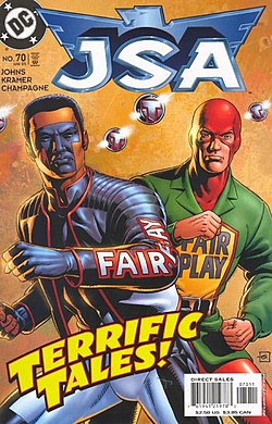 טרי סלואן ומייקל הולט כמיסטר טריפיק, כפי שהופיעו על עטיפת החוברת JSA #70 מאפריל 2005, אמנות מאת דייב גיבונס.