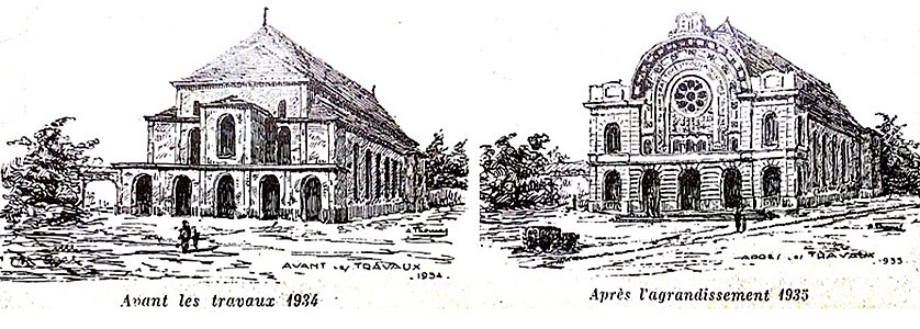בית הכנסת לפני ואחרי בניית חזית הבניין המהודרת בשנת 1935