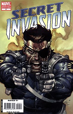 ניק פיורי, כפי שהוא מופיע על עטיפת החוברת Secret Invasion #4 מספטמבר 2008, אמנות מאת לייניל פרנסיס יו.